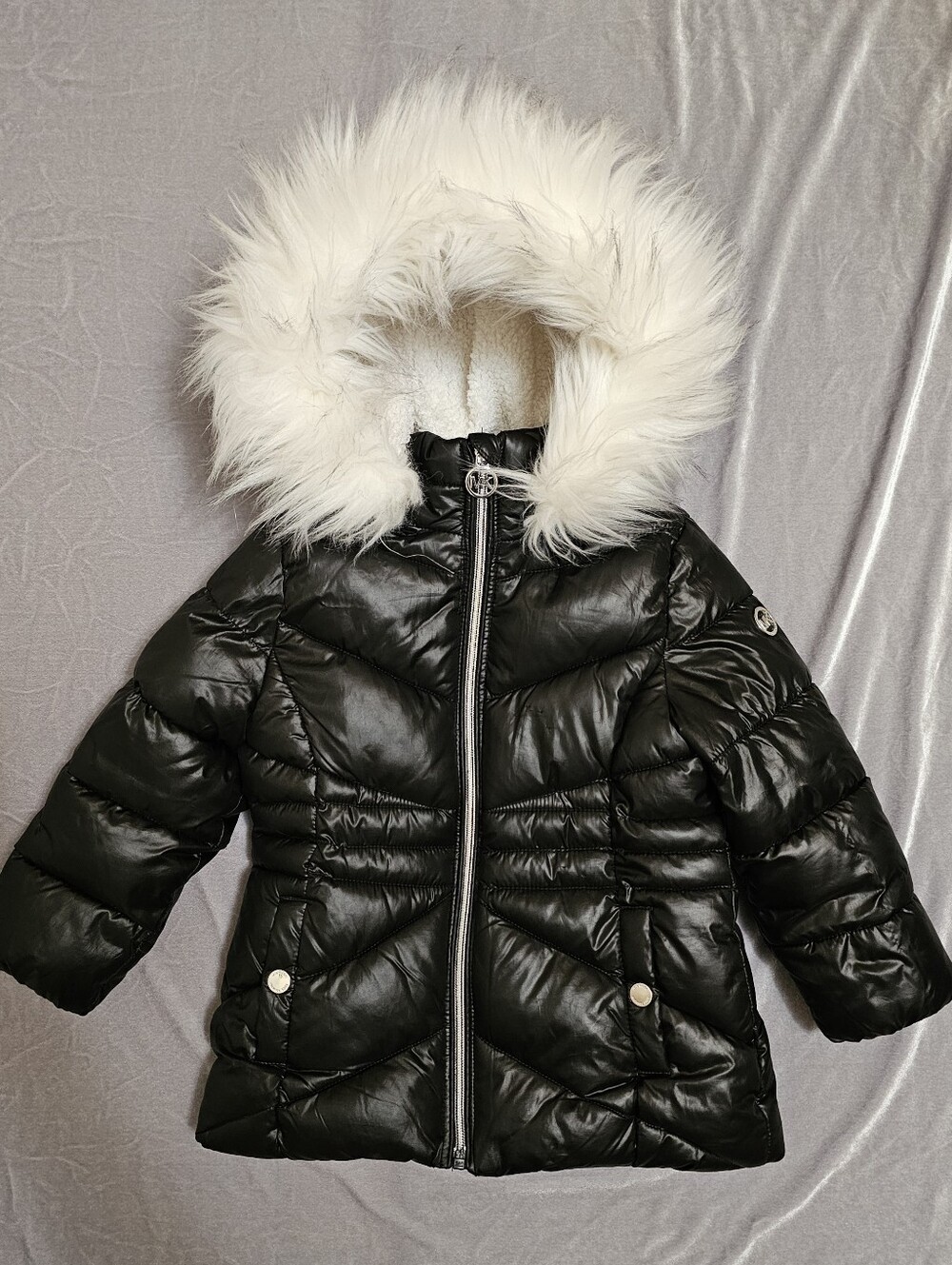 Michael Kors Toddler Girls Kids Black Stadium Puffer Jacket Coat Fur Hood 4T BLK